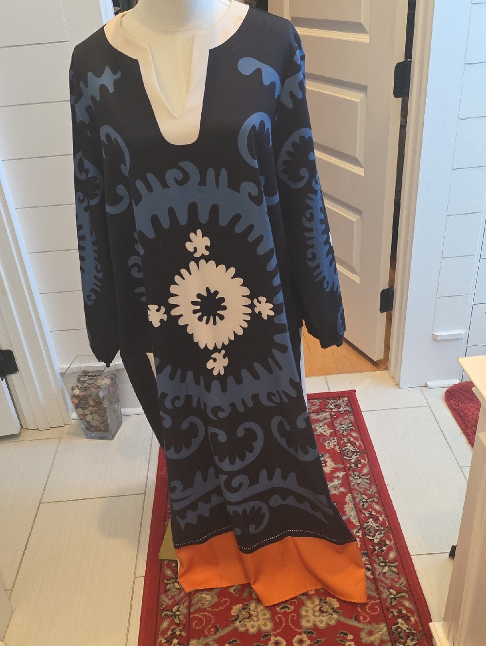Black Maxi Dress with Blue Pattern and Orange Hem